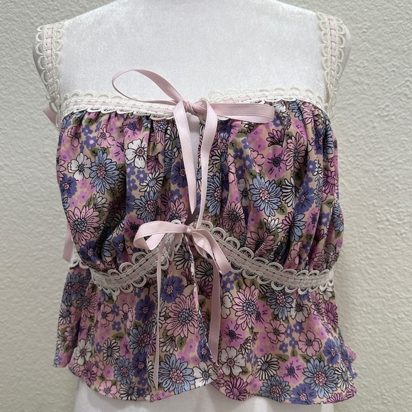 FOR LOVE & LEMONS Willow Multi Floral Bow Tie Ribbon Bow Coquette Top Purple XL - Picture 5 of 12